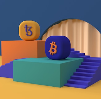 Two platform structures with stairs are positioned side by side. One platform is orange with an orange and purple 'Tezos' symbol on top, while the other is green with a blue and orange 'Bitcoin' symbol. The platforms are set on a blue and mustard yellow background, and there is a large circular arch in the backdrop.