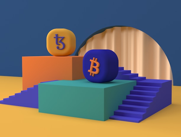 Two platform structures with stairs are positioned side by side. One platform is orange with an orange and purple 'Tezos' symbol on top, while the other is green with a blue and orange 'Bitcoin' symbol. The platforms are set on a blue and mustard yellow background, and there is a large circular arch in the backdrop.