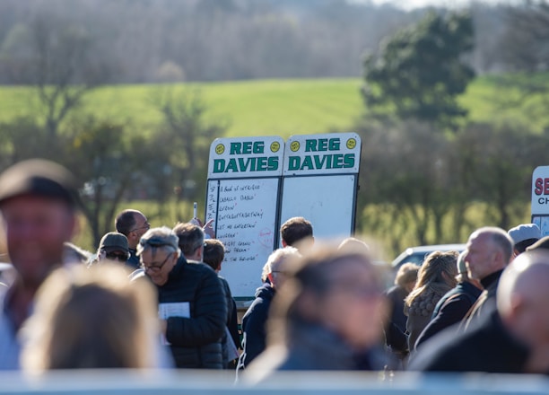 A group of people gathered outdoors with two large betting boards in the background labeled 'REG DAVIES'. The setting appears to be a countryside location with trees and fields visible in the distance. The crowd consists of individuals dressed in jackets and hats, engaging in conversation.